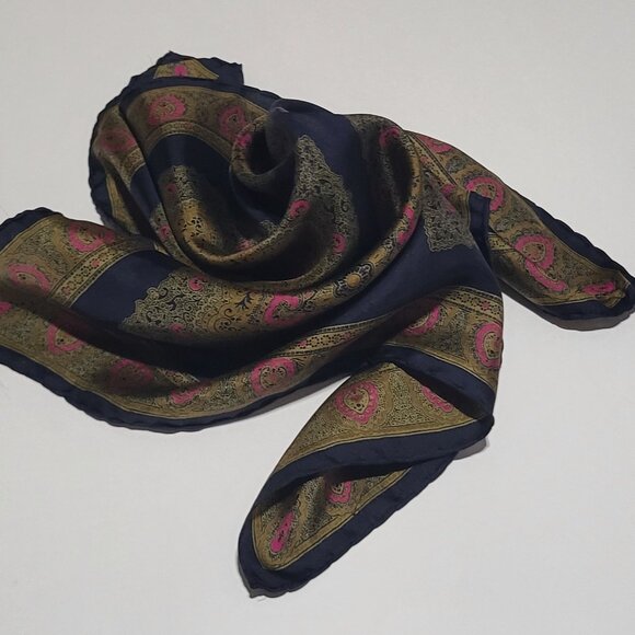 Navy Blue and Gold Silk Square Scarf - Picture 1 of 3